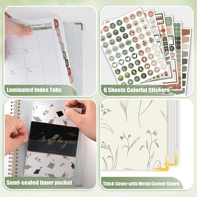 GuassLee 2026 Planner, Weekly and Monthly Planner from January 2026-December 2026, 8.4"x 6.1" Aesthetic Beige Agenda Book with Back Pocket, Stickers, Coated Tabs for School Office Supplies, A5 Size