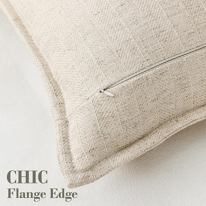 24x24 Linen Pillow Covers Natural Beige Pack of 2 Farmhouse Boho Neutral Accents Striped Textured Square Decorative Throw Pillow Cases for Living Room Couch Bed Home Decor
