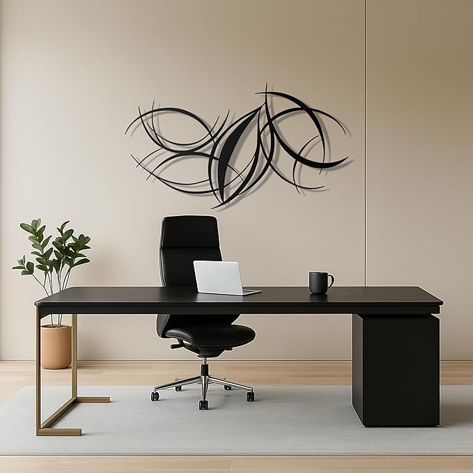 pluviart Modern Abstract Metal Wall Art – Black Curved Lines Sculpture for Living Room, Bedroom or Office – Large 3D Contemporary Home Decor – Minimalist Iron Wall Accent (50”x28”)