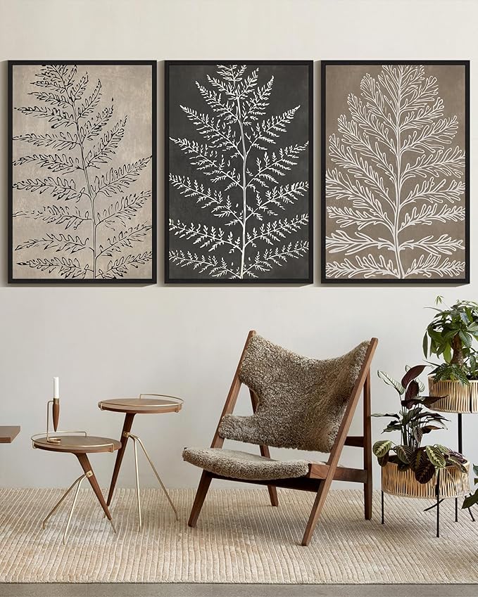 KUVIOKE Vintage Botanical Framed Wall Art Bohemian Tan Plant Leaf Wall Decor Nature Fern Plant Silhouette Wall Painting Home Decor 24x36in (Black Framed)