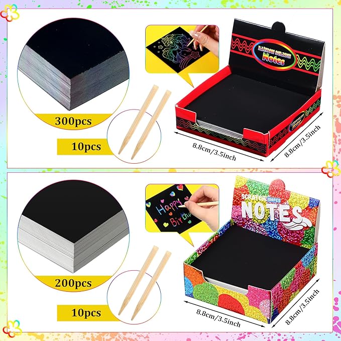 Lenwen 500 Pack Scratch Cards Rainbow Note Scratch Pads with 20 Bamboo Stylus for People Paper DIY Paper Craft Kits Birthday Party Favors Supplies(Rainbow Mix,500)