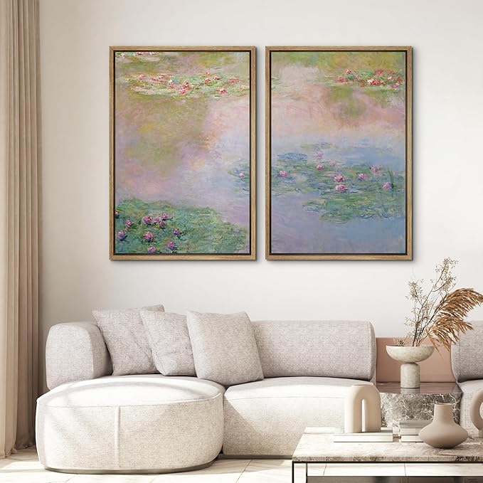 SIGNWIN Framed Canvas Print Wall Art Set Impressionist Water Lily Illustration Modern Art Minimalism Decorative for Living Room, Bedroom, Office - 16"x24"x2 Natural