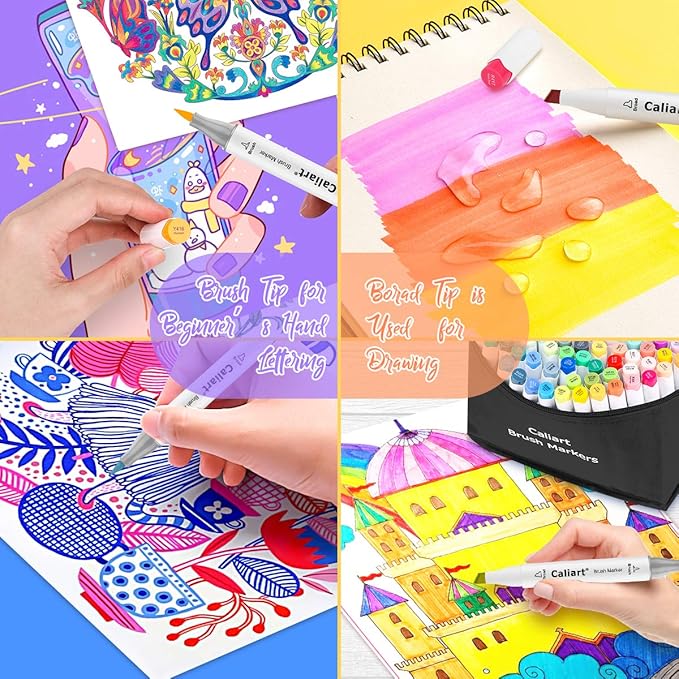 Caliart 168 Colors Alcohol Markers Brush Tip & Chisel, Dual Tip Art Markers Set for Adults Artists Sketch Illustration Coloring Book, Permanent Colored Drawing Pen Art Supplies Christmas Gifts