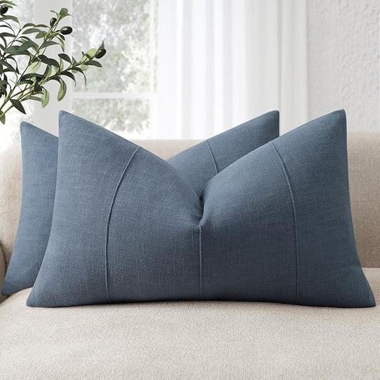 12x20 Pillow Covers Set of 2 Decorative Linen Lumbar Pillow Covers Solid handcrafted Striped Cushion Covers for Bed Soft Modern Farmhouse Neutral Pillowcase for Couch Bedroom Living Room (Slate Blue)