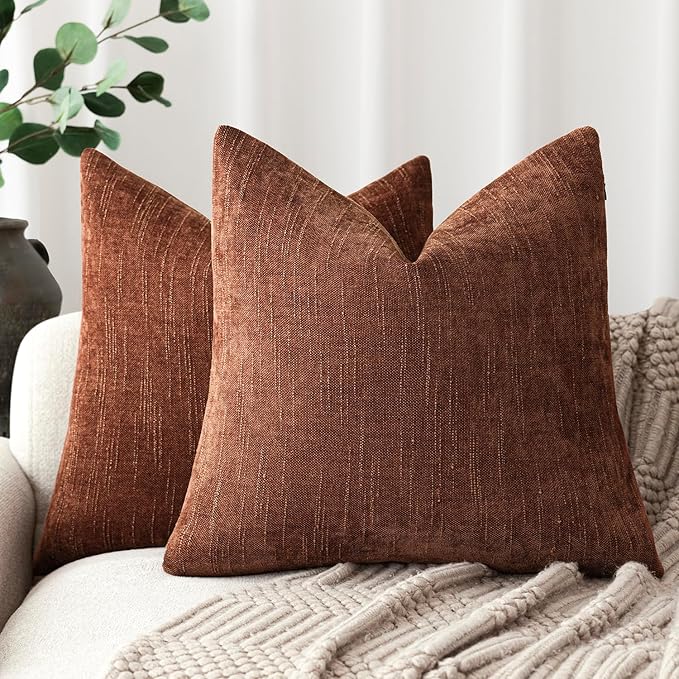Foindtower Pack of 2 Soft Textured Chenille Throw Decorative Pillow Covers Square Accent Solid Cushion Cover Cozy Neutral Farmhouse Pillow Case for Couch Sofa Bedroom Living Room 22x22 Inch,Red Taupe