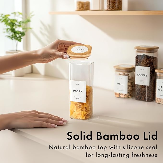 Square Glass Storage Containers with Bamboo Lids 12-Pack (4x 30 oz, 8x 17 oz) Airtight Storage Jars with Lids for Food, Stackable Kitchen Canisters with 114 Labels for Pantry [Thicker Glass 3mm]