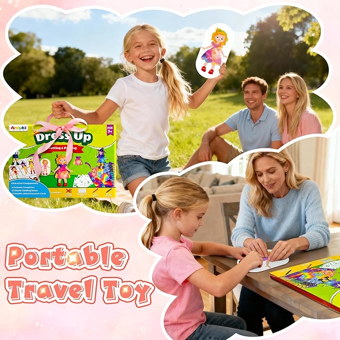 Dress-Up Cutting and Pasting Set, Paper Make Doll Clothes Craft Kit, 24 PCS Pretend Play Game for Girls, Outfit and Accessory Pieces, Mess-Free Travel Toys for Kids Ages 4-8
