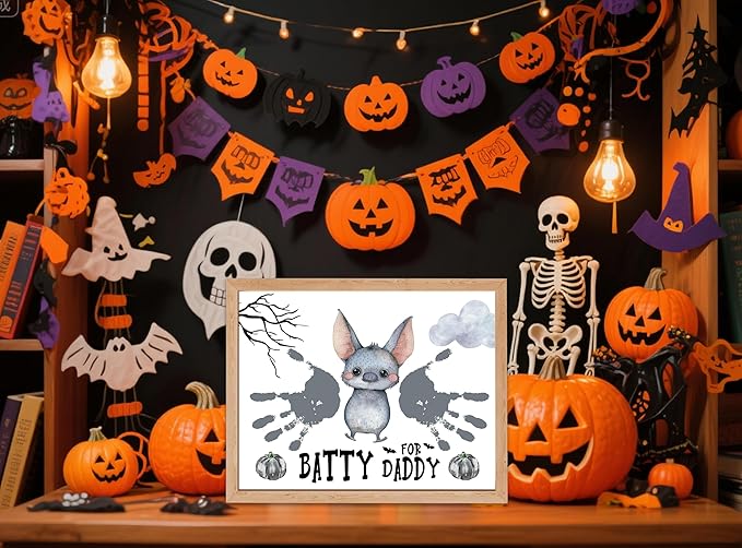 NZSXU Halloween Baby Handprint Craft Kit - Batty for Daddy, Baby First Halloween, DIY Newborn Hand and Foot Arts and Crafts for Nursery Decor, 10 Pack Bat Handprint Keepsake Gifts