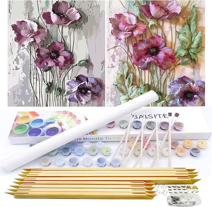 BAISITE Paint by Numbers Kit for Adults Beginners,12" Wx16 L 2 Pack Canvas for Painting Kits for Adults in Colorful Box-Poppies 6566-DIY Frame