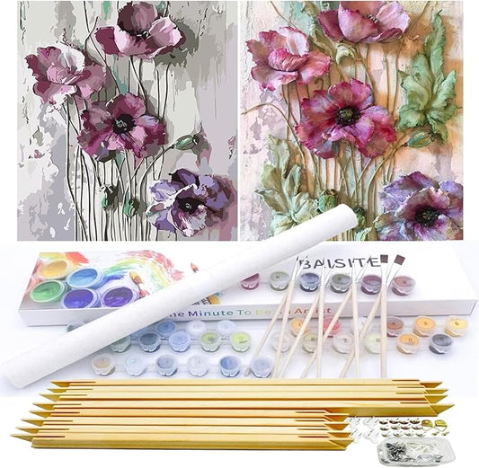 BAISITE Paint by Numbers Kit for Adults Beginners,12" Wx16 L 2 Pack Canvas for Painting Kits for Adults in Colorful Box-Poppies 6566-DIY Frame