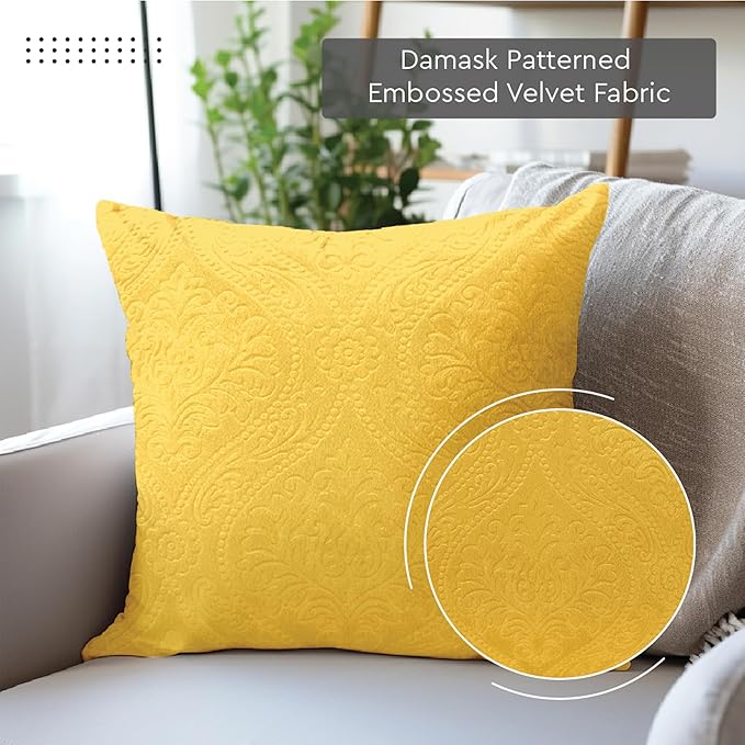Encasa XO Luxury Embossed Velvet Throw Pillow Covers - Plush Cushion Covers for Elegant Living Rooms & Bedrooms, Machine Washable, 20"x20" Lemon Yellow | Set of 2 | Covers Only No Insert