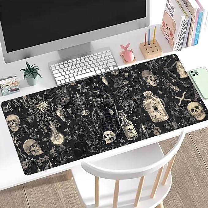Gothic Black Cat Gaming Mouse Pad, Office Desk Mat, Anti-Slip Rubber Base Cool Aesthetic Mouse Pads for Computer Laptop Keyboard School Home Desktop Gamer Home Accessories Decor 31.5" x 11.8"