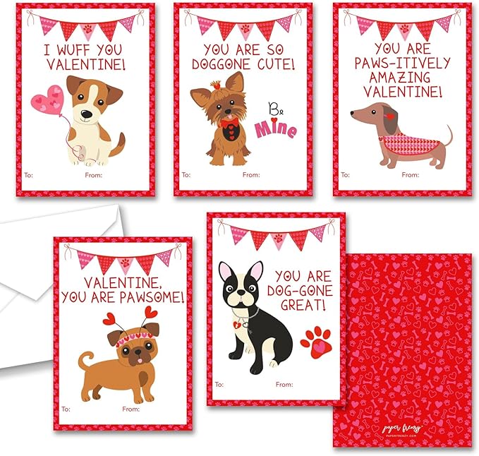Paper Frenzy Dog Themed Valentine Cards WITH ENVELOPES - 25 Pack