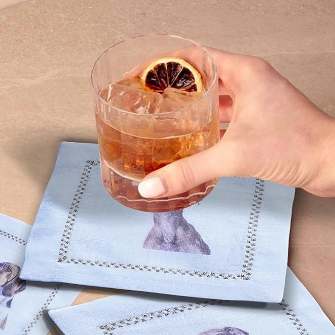 Cocktail Napkins Set of 6, 6x6 inch, 100% Linen, Printed Animal Pattern, Reusable & Washable Cloth Coasters for Beverages, Hosting, Gifting & Everyday Use (Dog)