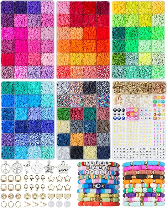 BestNow Clay Beads Bracelet Making Kit 120 Colors 6 Box Flat Polymer Heishi Beads Set for Friendship Jewelry Making with Pendant Charms Crafts Gifts for Girls Ages 6 7 8 9 10 11 12 Kids Adults