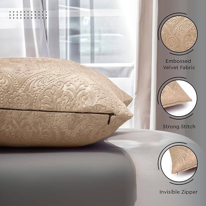 Encasa XO Luxury Embossed Velvet Throw Pillow Covers - Plush Cushion Covers for Elegant Living Rooms & Bedrooms, Machine Washable, 18"x18" Beige | Set of 2 | Covers Only No Insert