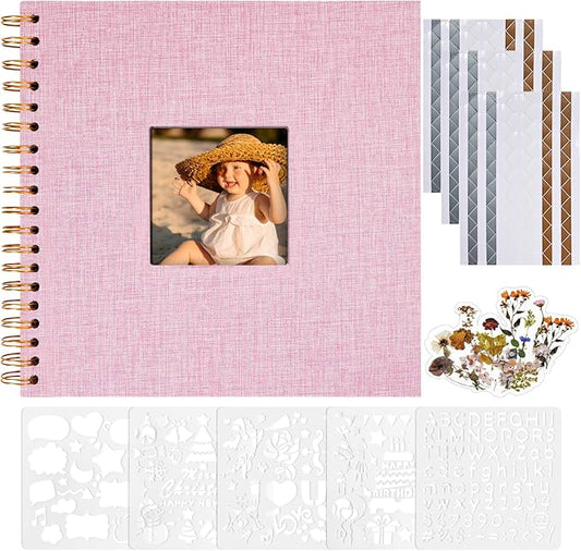 Vienrose 8x8 Inch Scrapbook DIY Small Hardcover Kraft White Pages Scrapbook Photo Album Linen Cover Scrap Book Photo Albums Scrapbooking Supplies Kit for Couple Family Wedding Travel Pink