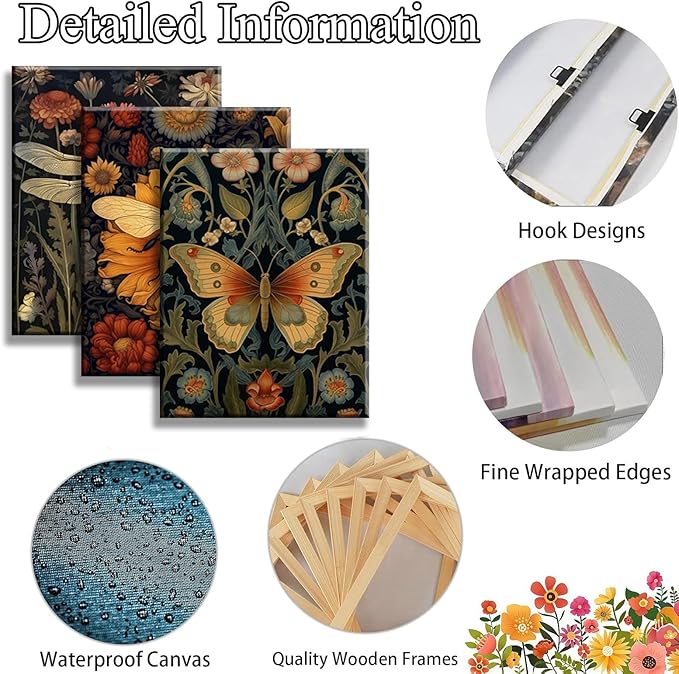 3 PCS William Morris Canvas Wall Art for Home Decor Bee Dragonfly Butterfly Painting Poster William Morris Botanical Insects Pictures Prints Wall Decor for Living Room Bedroom Home Decorations 16×24 in(Stretched Canvas on A Wooden Frame)