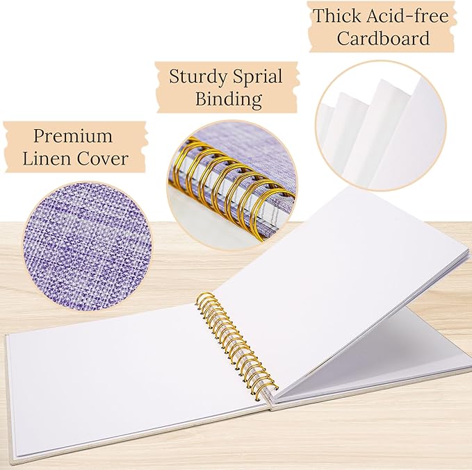 Scrapbook Photo Album Linen Cover, 10 x 10 Inch Hardcover Kraft White Pages Memory Book, for Travel Wedding Guest Book Christmas Baby Shower (40 Sheets/ 80 Pages,Purple)