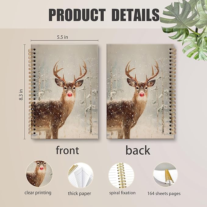 XNXLDYLH Vintage Winter Christmas Reindeer Notebook Journal, Rudolph the Red Nose Reindeer Spiral Notebook, Woodland Forest Journals Notebooks, Christmas Office School Supplies Gifts, 5.5x8.3 Inch