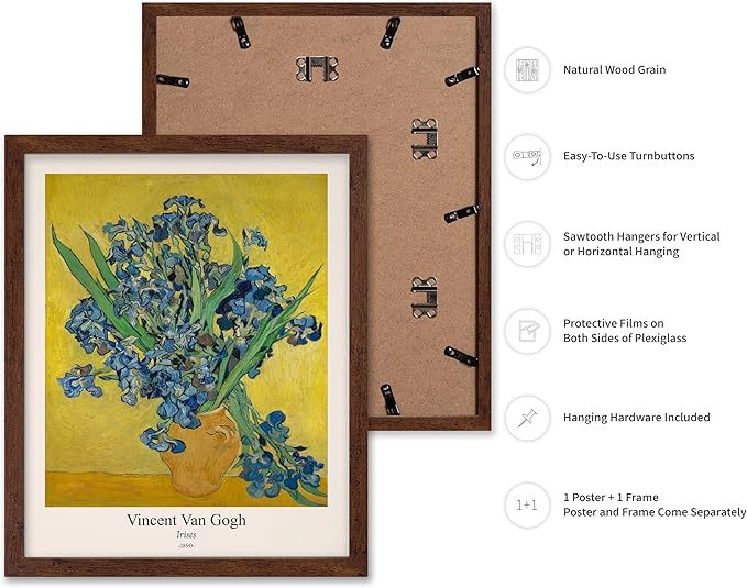 Monem Art Vintage Van Gogh Poster - Retro Irises Print - Flowers in Vase Art - Impressionism Art - Floral Art - Fine Art - Classic Painting Art - Living Room Wall Decor - 8x10 Brown Framed