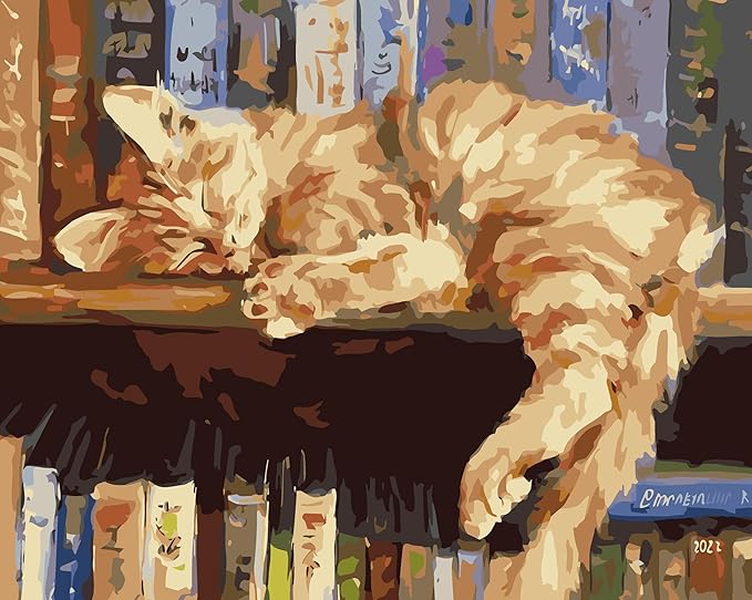 Paint by Numbers Kit for Adults Beginner,Bookshelf Sleeping Cat Paint by Number Kits Canvas Without Framed,Animal Cat DIY Acrylic Oil Painting Adults Paint by Numbers Kits for Home Wall Decor 20x16 In