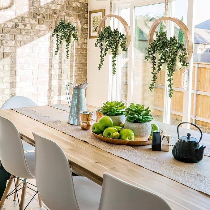 2PCS 12.2" Fake Hanging Plant, Succulent Wall Decor, Fake Plants Decor, String of Pearls in Pot with 8.3" Lanyard for House Indoor Outdoor Bedroom Wall Decor Aesthetic (Wooden)