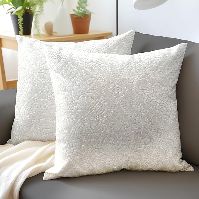 Encasa XO Luxury Embossed Velvet Throw Pillow Covers - Plush Cushion Covers for Elegant Living Rooms & Bedrooms, Machine Washable, 24"x24" White | Set of 2 | Covers Only No Insert