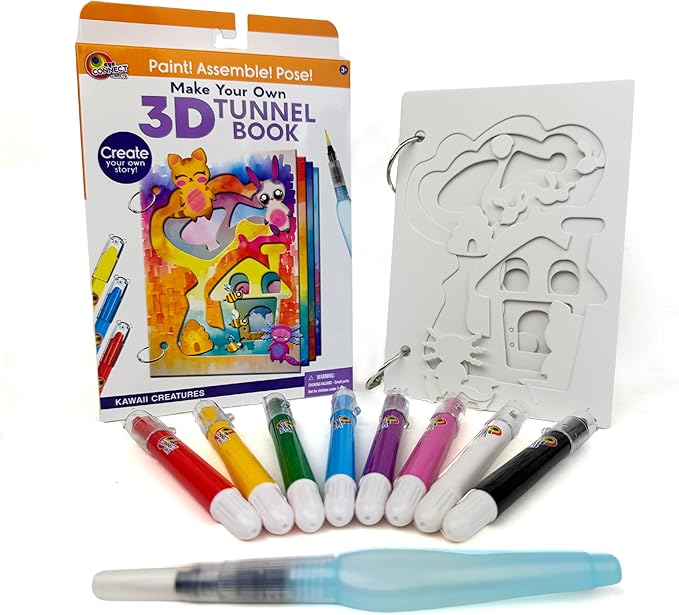 EyeConnect Crafts Make Your OWN 3D Tunnel Book - Kawaii | Medium Size DIY Book Art & Craft Kit | Build, Paint & Draw Your Own Book with Mini Animals | Award-Winning STEAM Stationary Set | Ages 3+