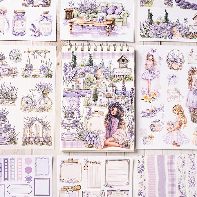 Junk Journal Sticker Book, Lavender Journaling Stickers, Purple Scrapbook Supplies, Pre-Cut Aesthetic Scrapbooking for Adults, Decorative Ephemera Bullet Planner DIY Arts Craft Collage