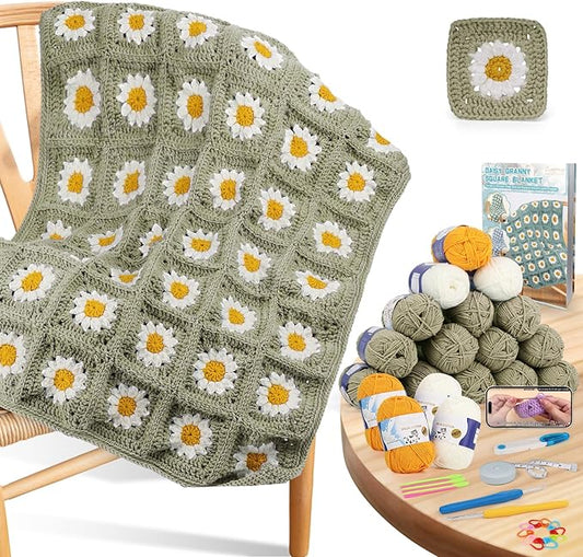 Coopay Crochet Blanket Kit for Beginners, All-in-One Granny Square Blanket Kit with Step-by-Step Video & Enough Yarns - Master Granny Square Crocheting Easily, Ideal Gift for Craft Lovers (Camel)