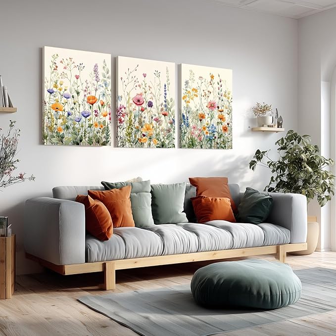 LLEEMPI Framed Watercolor Floral Wall Art Set of 3, Colorful Wildflower Wall Decor, Modern Abstract Botanical Canvas Painting, Rustic Farmhouse Poster Print for Bedroom Bathroom Office 16x24 Inch