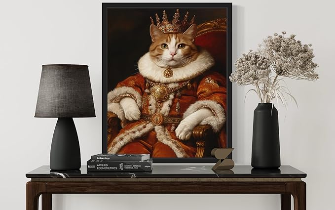 King Cat Portrait Art Poster Print, Cat Kitten Painting Humor Portrait Pet Artwork Decor Gallery A8 (King, 16 x 20 inches, Black Frame)
