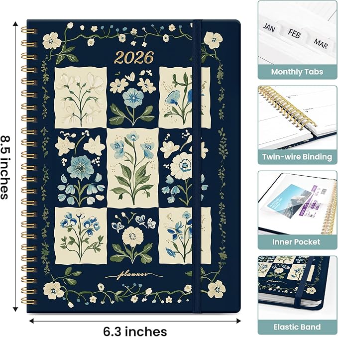 2026 Planner, Monthly and Weekly Calendar Planner for Women, Jan 2026 - Dec 2026, Hardcover Pretty 2026 Agenda Planner Book with Tabs, Spiral Bound, Perfect for School Office Home Supplies, 6.3" x 8.5" - Blue Patchwork
