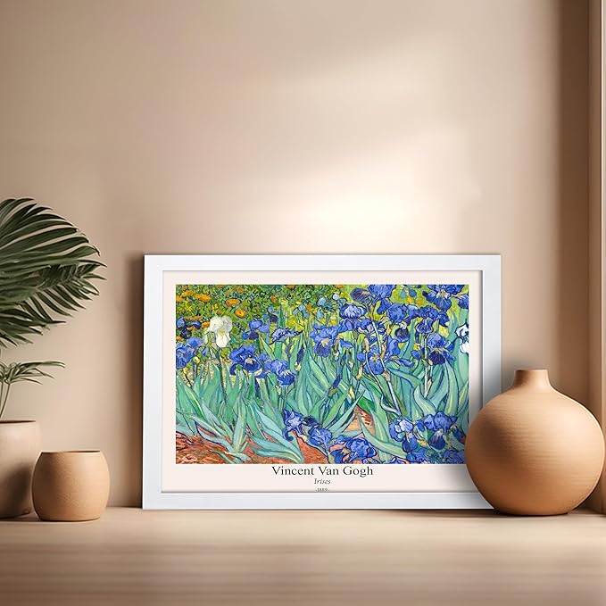 Monem Art Vintage Van Gogh Poster - Retro Irises Print - Impressionism Art - Floral Art - Fine Art - Flower Art - Classic Painting Art - Aesthetic Living Room Wall Decor - 16x20 White Framed