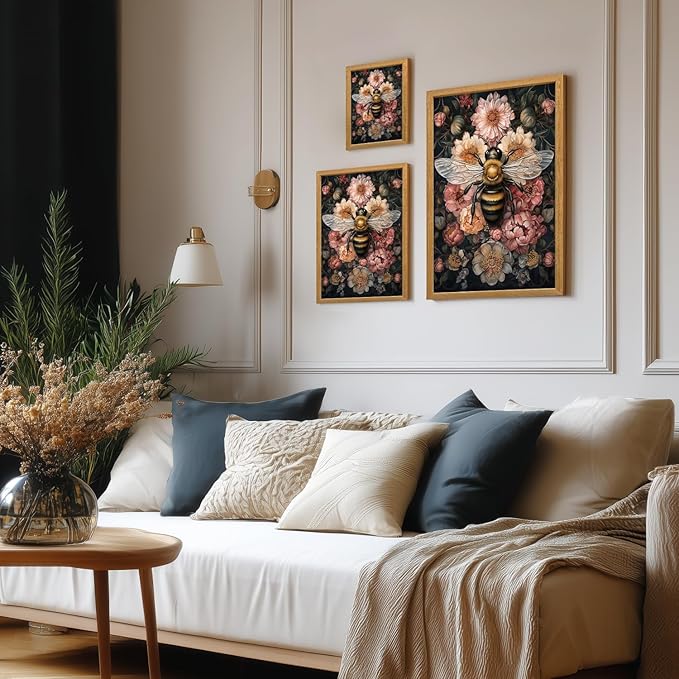 LLEEMPI William Morris Wall Art, Vintage Bee Floral Wall Decor, Insect Flower Canvas Painting, Abstract Nature Botanical Poster Print for Living Room Bedroom Kid Room Hallway Wood Framed 12x16 inch