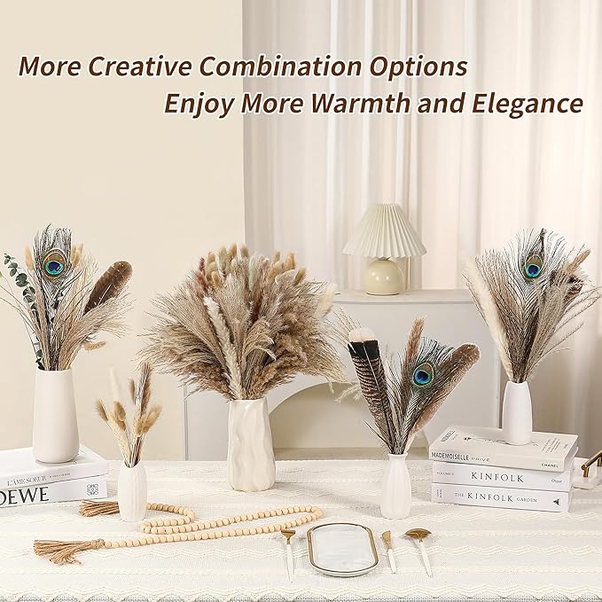 Bpole 2-in-1 Pampas Grass Decor - 100pcs Dried Pampas Grass with Natural Feathers Boho Flowers Arrangement for Vase,Home Wedding Party Centerpiece and Rustic Farmhouse Decor