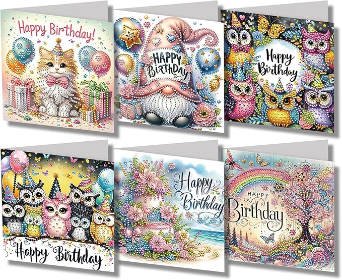Ceitura 6Pcs DIY Diamond Art Painting Crafts Rhinestone Painting Greeting Card Making Kit Postcard for Holiday Christmas New Year Party Favors (Happy Birthday)