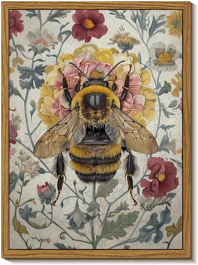 Djmwtb Framed Vintage Wall Art,Bee Wall Decor,Botanical Flower Wall Art,Nature Paintings Canvas Artwork Prints for Bedroom, Living Room 16x24in