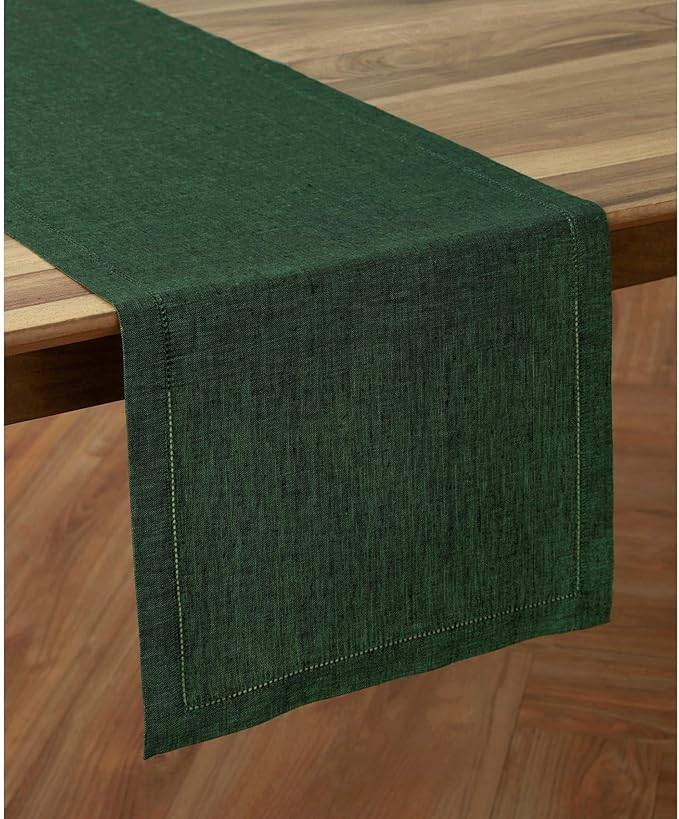 Solino Home Linen Table Runner 36 Inches - 100% Pure Linen Forest Green Hemstitch Table Runner 14 x 36 Inch Ideal for Dresser and Coffee Tables - Milan - Winter, St Patricks Day