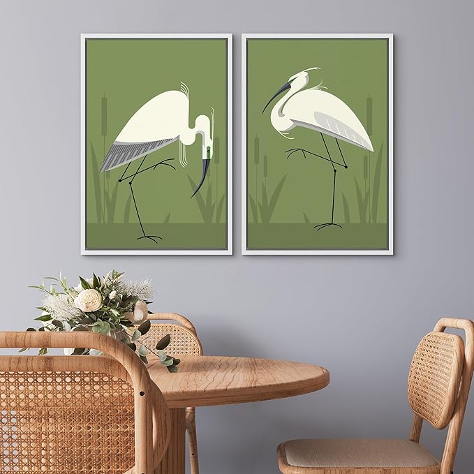 SIGNWIN Framed Canvas Print Wall Art Set Heron Bird Minimalist Egret Illustrations Modern Art Minimal Boho Colorful for Living Room, Bedroom, Office - 24"x36"x2 WHITE