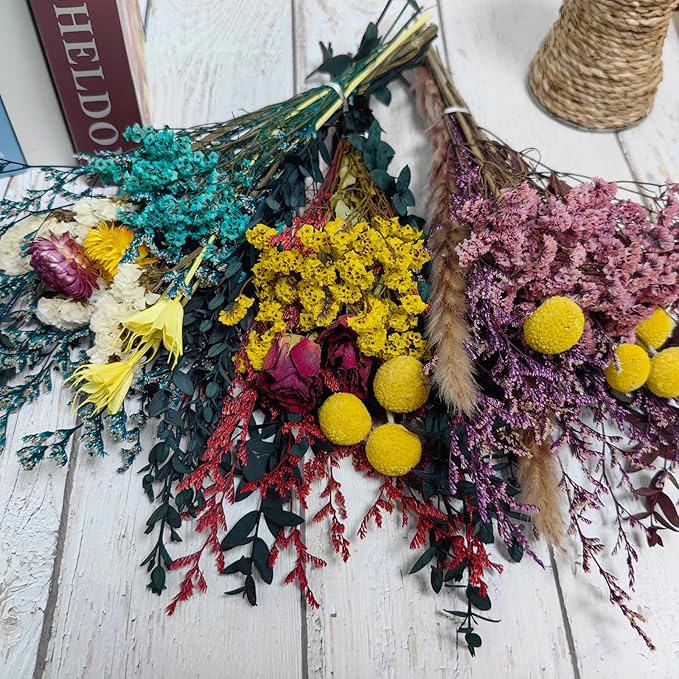 L'BREVOGA Dried Flower Bouquet - Caspia,Rose, Billy Ball, Gypsophila - 15 Inches, Unique Design (Purple)