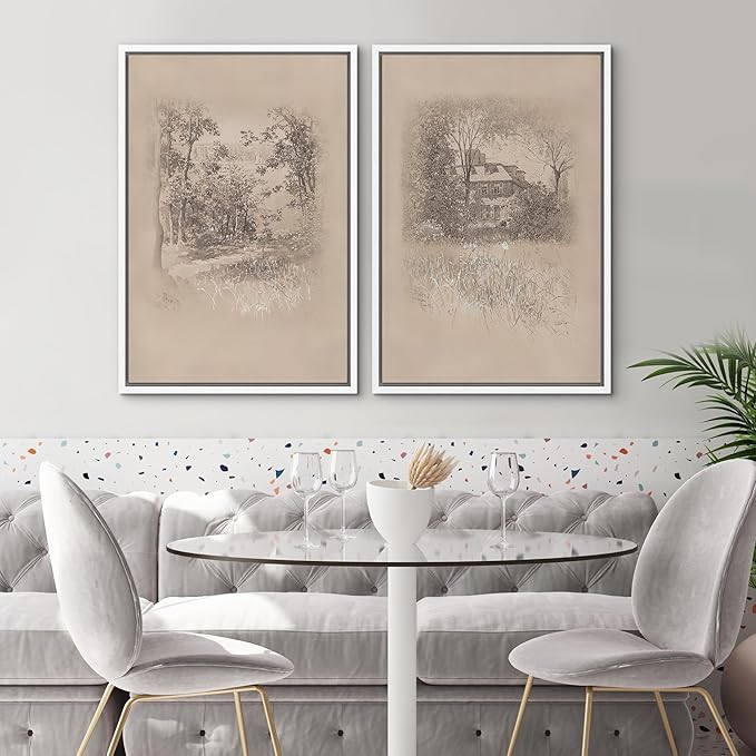 SIGNWIN Framed Canvas Print Wall Art Set Countryside Home and Trees Sepia Landscape Drawings Illustrations Modern Art Scenic Colorful for Living Room, Bedroom, Office - 16"x24"x2 White