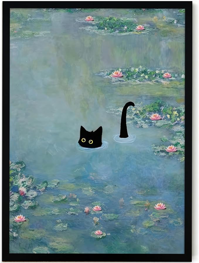 Fantasy Artists Monet Water Lilies Cat Wall Art, Framed Vintage Canvas Art Wall Decor, Funny Black Cat Posters Prints for Bathroom Bedroom Living Room Home Office Decorations 16" Wide X 24" Height