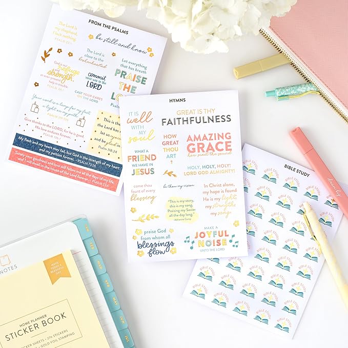 Faith Sticker Book | Pack of 15 | 276 Faith-Based Stickers | Assorted Sizes | 5x7 Sheets with Gold Foil Stamping | Inspirational Stickers for Bible Journaling, Prayer Notebooks, Planners