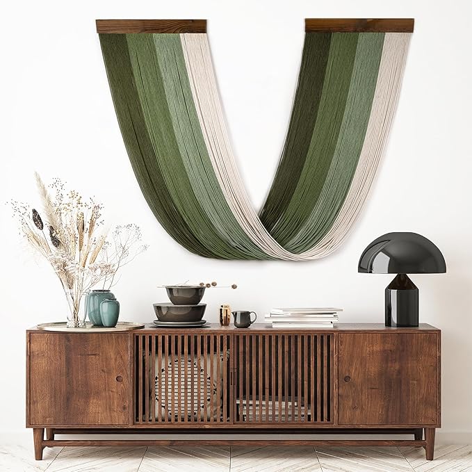 LB Green Macrame Wall Hanging Large, Boho Tapestry Wall Hanging Macrame Wall Art Handmade Yarn Woven Wall Art Modern Home Decor Headboard Wall Decor for Bedroom Living Room Dorm Nursery, 16x32 Inch