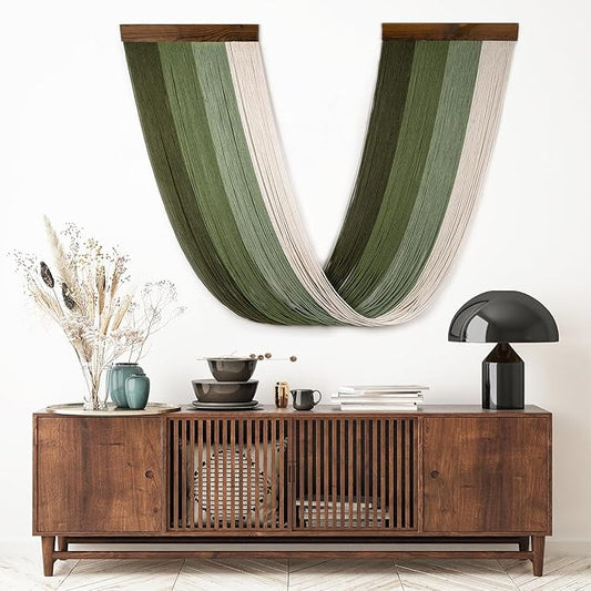 LB Green Macrame Wall Hanging Large, Boho Tapestry Wall Hanging Macrame Wall Art Handmade Yarn Woven Wall Art Modern Home Decor Headboard Wall Decor for Bedroom Living Room Dorm Nursery, 16x32 Inch