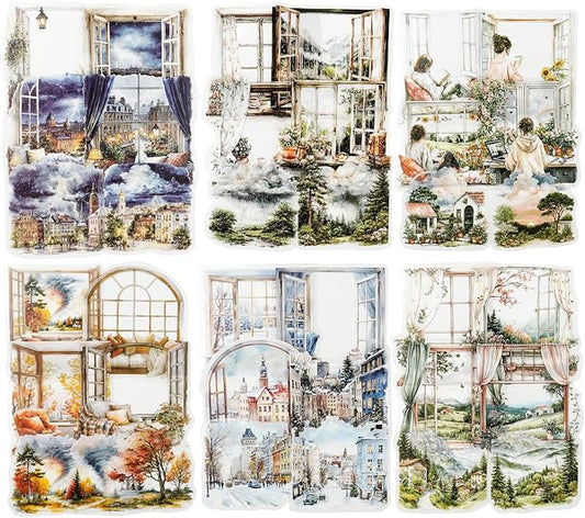 Weather Window PET Stickers, 90PCS Large Window Scenery Designs - Cozy Seasonal Views for Scrapbook Journals Planners DIY Decor