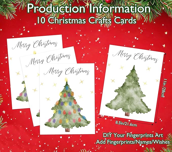 Christmas Tree Fingerprint Art Craft Kit for Family Activities, 10 Pcs Christmas Crafts Bulk DIY Handprint Card Making, Funny Finger Painting Keepsake Gift for Mom Dad Grandma Grandpa