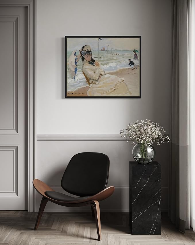 Camille on the Beach Claude Monet Wall Art Print Poster, Impressionist Painting Wall Art Wall Decor, for Bedroom and Living room Bathroom Decor 115 (Camille on the Beach, 8 x 10 inches, Black Frame)